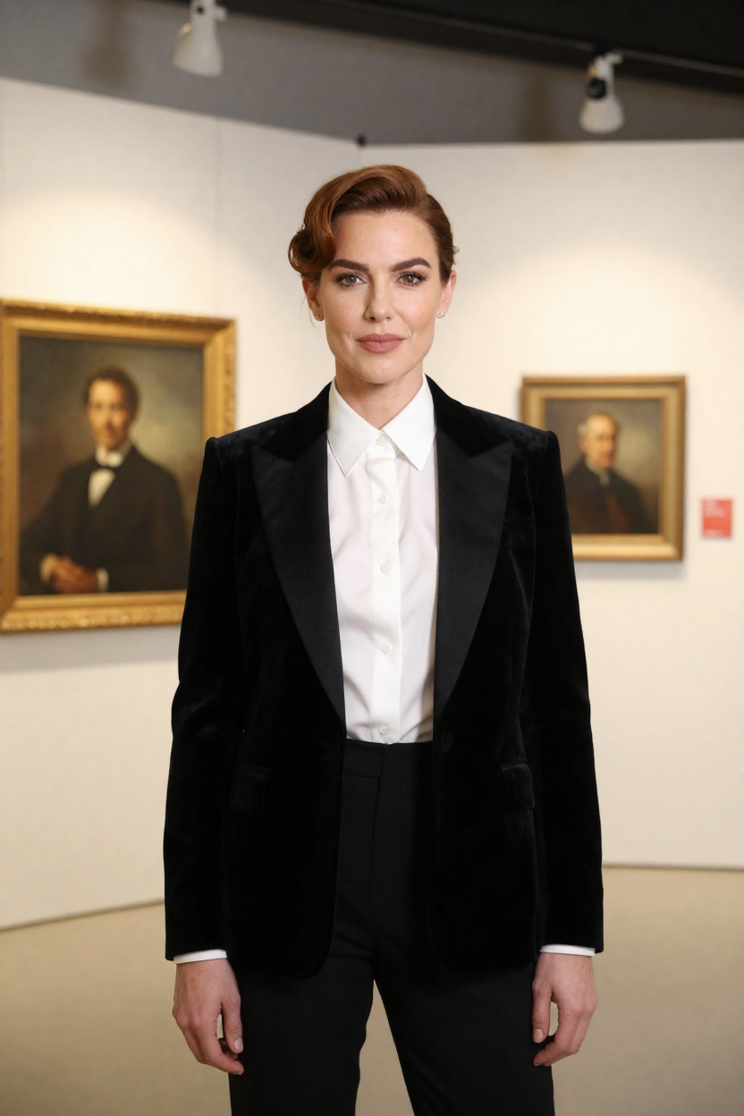 Editorial portrait of a fictional 37-year-old woman with warm mahogany-brown hair in a polished French twist